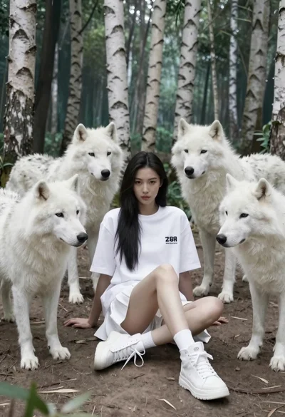Woman sitting with wolves in a birch tree grove