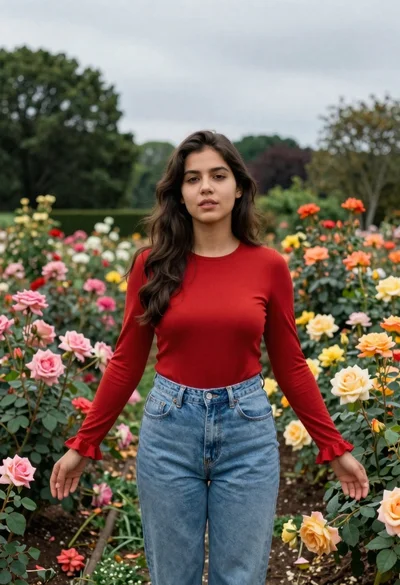 Young woman in red top and denim jeans standing in a rose