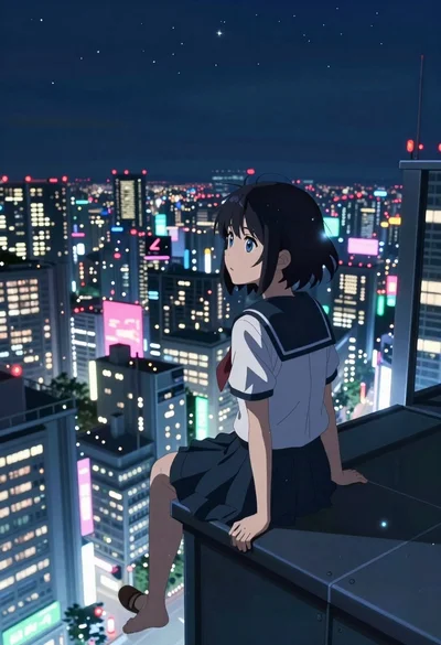 Anime girl in school uniform overlooking a neon city