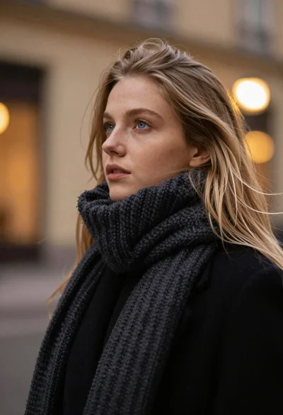 Portrait of blonde woman with scarf in warm light