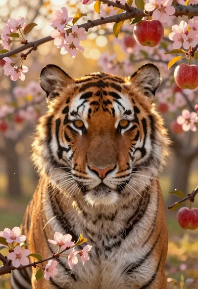 Tiger face surrounded by apple blossoms in autumn light