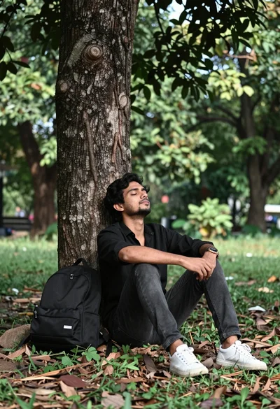 Man resting against tree trunk in lush park with backpack nearby