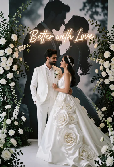 Couple in white wedding attire framed by greenery against neon love sign