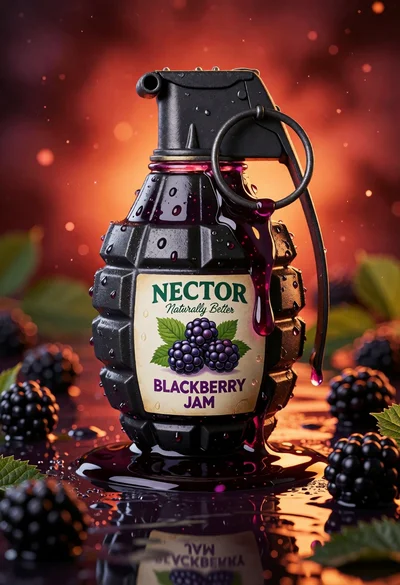 Blackberry jam in grenade shaped jar on reflective surface close up