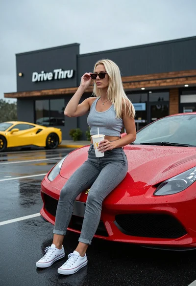 Blonde woman sitting on red sports car in wet parking lot setting