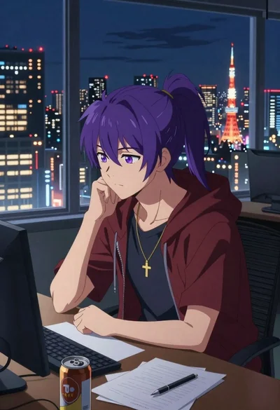 Anime man at desk overlooking futuristic city skyline