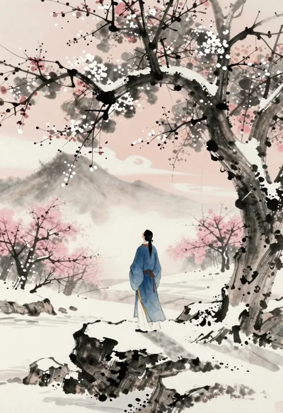 Man in blue robes on snow rocks under ancient tree