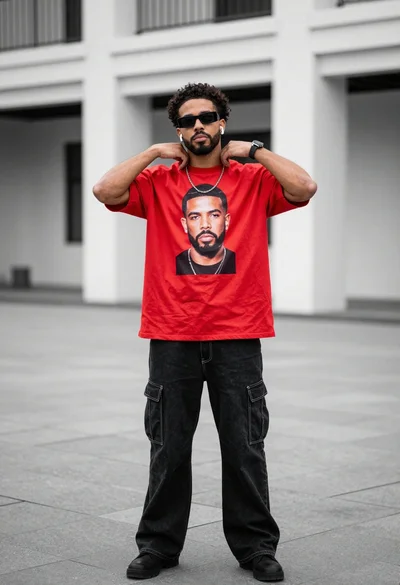 Man in red tshirt standing outdoors near white architectural columns