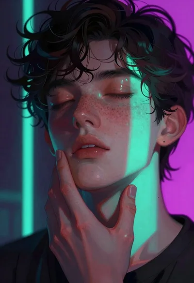 Close up portrait of young person with neon lighting