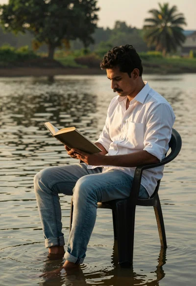 Man reading book while sitting on chair in shallow water at golden