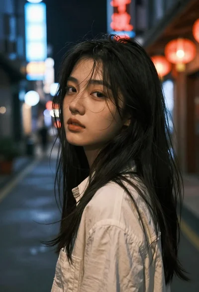 Close up portrait of young woman with dark hair looking back over