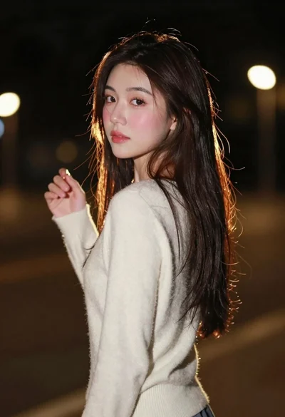 Young woman with long dark hair looking back over shoulder in dimly