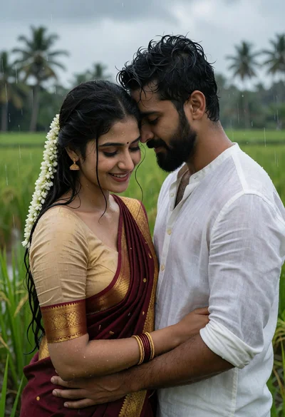 Romantic couple embracing in lush green rice paddy under rainy sky