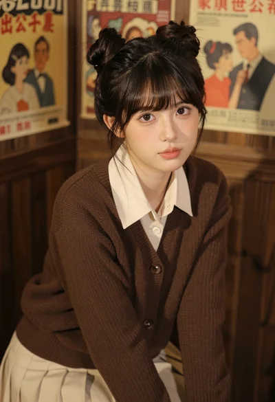 Young east asian woman in cream outfit seated against dark wood paneling