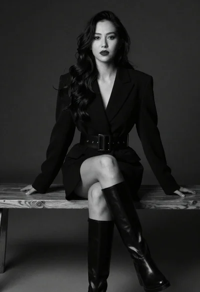 Portrait of woman in blazer dress sitting on bench in studio