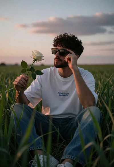 Young man in white tshirt sitting crosslegged in tall green field at