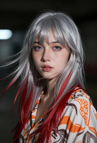 Close up portrait of young woman with silver red streaked hair