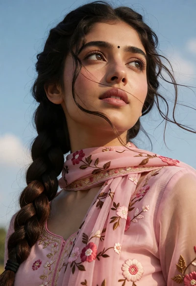 Close up portrait of young woman with braid under blue sky daylight