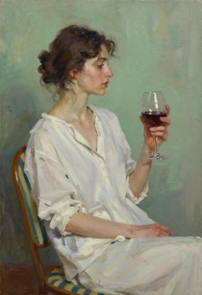Woman holding wine glass seated against green wall oil painting