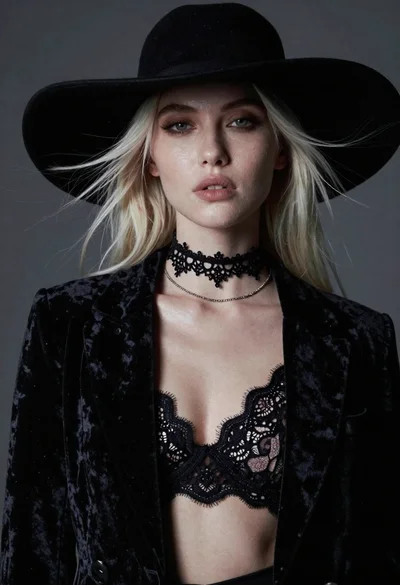 Moody portrait of woman in black hat and lace lingerie