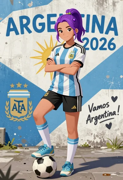 Young girl in argentina soccer uniform posing against blue white mural