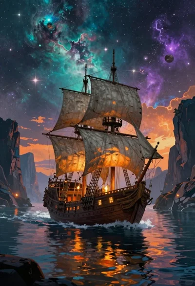 Fantasy sailing ship in a magical cosmic sea