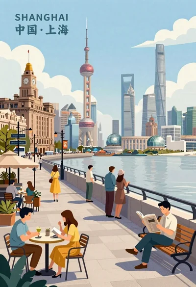 Illustration of shanghai waterfront promenade with historic buildings and modern skyscrapers