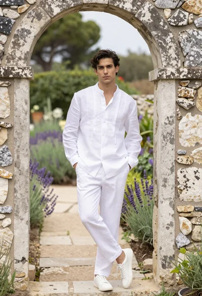 Young man in white linen outfit leaning against stone archway in garden