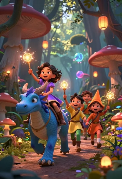 Diverse children riding fantasy creatures through a magical forest path