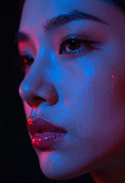 Profile portrait of woman with neon blue and red stripes