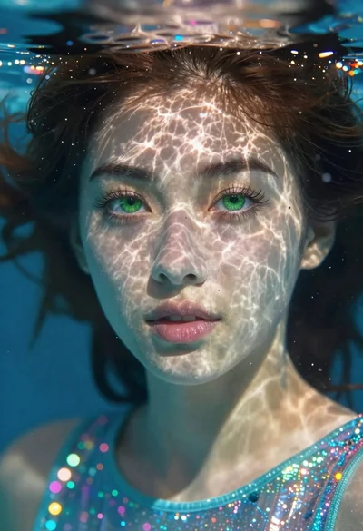 Underwater portrait of woman with green eyes