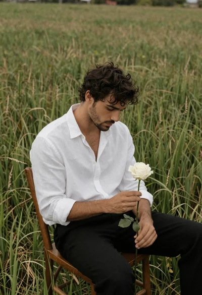 Handsome man with wavy dark hair holding white rose in grass field