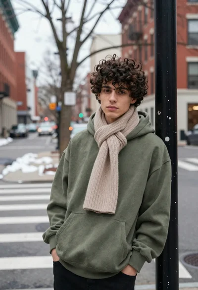 Young man in olive sweatshirt leaning against pole on city sidewalk