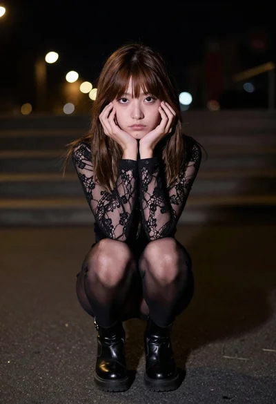 Moody portrait of young woman crouching on asphalt at night