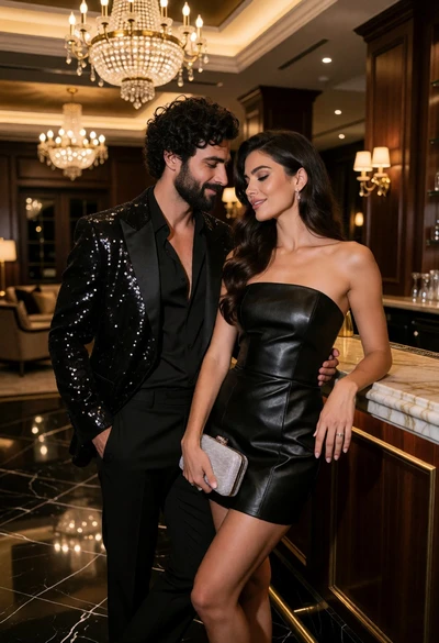 Glamorous couple posing intimately in an opulent hotel lobby setting