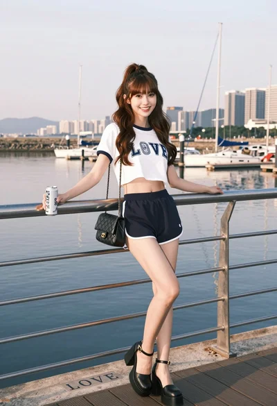 Young woman smiling by pier railing overlooking harbor city skyline at golden