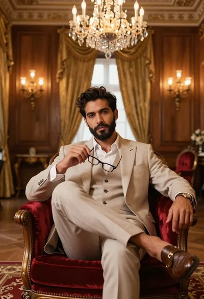 Handsome man in beige suit sitting in opulent room