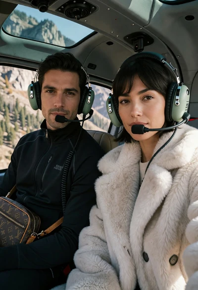 Two people in aviation headsets inside a helicopter cabin overlooking mountains