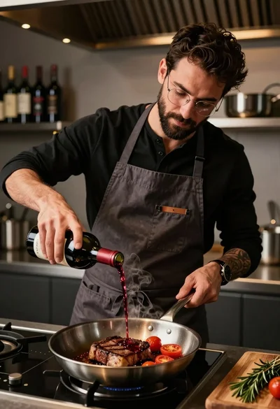Chef pouring red wine onto steak and tomatoes in modern professional kitchen