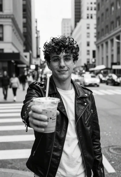Young man in biker jacket offering iced coffee on busy city street