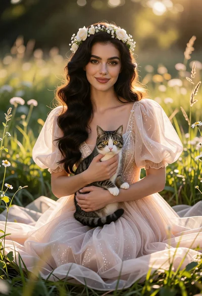 Woman in pale gown sitting in sunlit meadow holding tabby cat