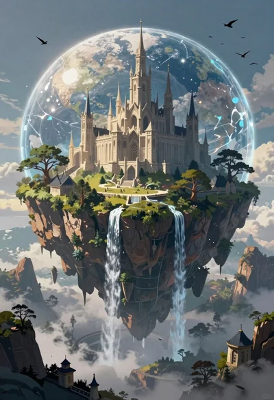 Fantasy castle floating island inside crystal sphere