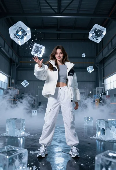 Young woman in white winter jacket stands in industrial warehouse with floating