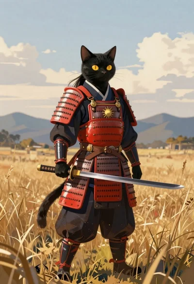 Black cat warrior in samurai armor standing in field
