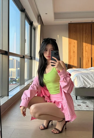 Young woman taking mirror selfie in modern bedroom overlooking city skyline