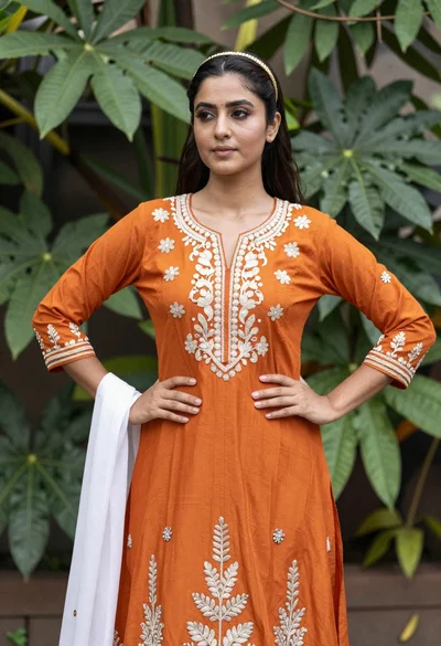 Young woman in orange embroidered dress standing confidently in lush green foliage