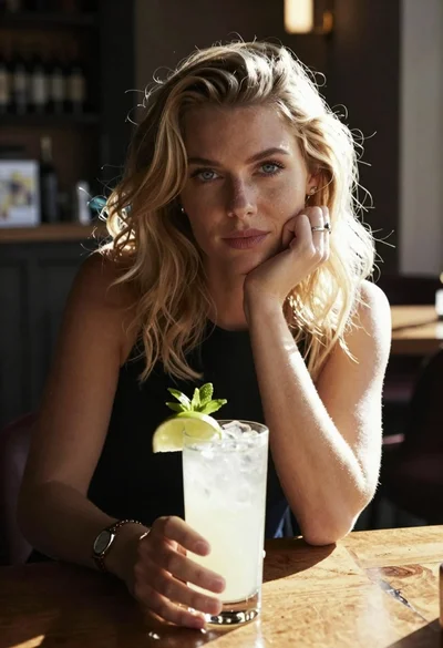 Fair blonde woman resting chin on hand at dimly lit bar lounge