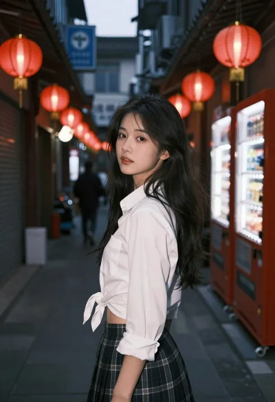 Young woman in white shirt and plaid skirt looks back over shoulder