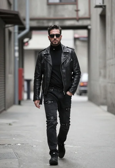 Stylish man walking down gritty urban alleyway in leather jacket