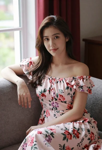 Woman in pink floral dress seated indoors by window with red curtains